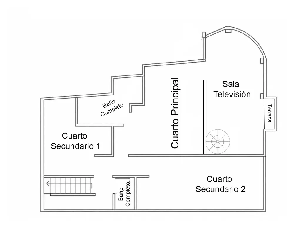 Plano arquitectónico de la planta alta: cuarto principal, dos cuartos secundarios, sala de televisión, terraza y dos baños completos.
