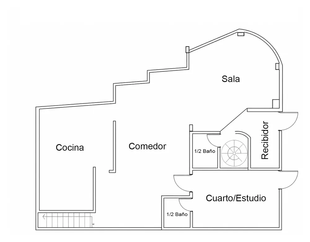 Plano arquitectónico de la planta baja: recibidor, sala, comedor, cocina, medio baño y cuarto/estudio.